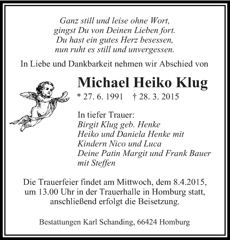  Traueranzeige für Michael Heiko Klug vom 04.04.2015 aus saarbruecker_zeitung