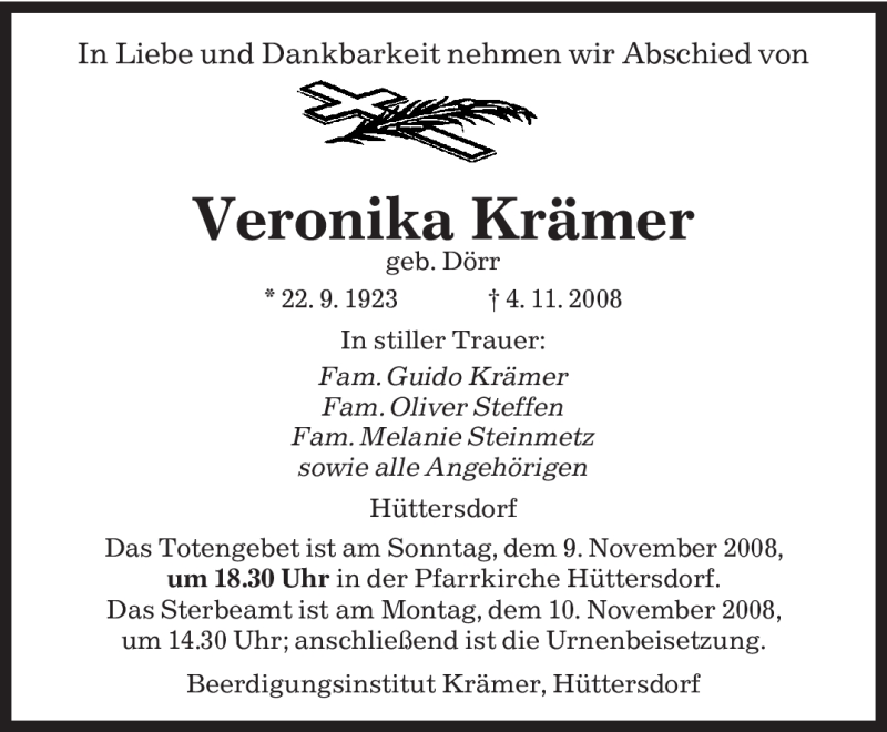 Traueranzeigen Von Veronika Kr Mer Saarbruecker Zeitung Trauer De