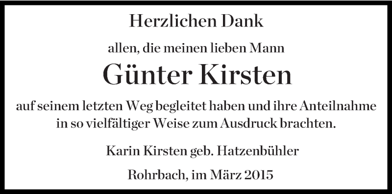  Traueranzeige für Günter Kirsten vom 28.03.2015 aus saarbruecker_zeitung