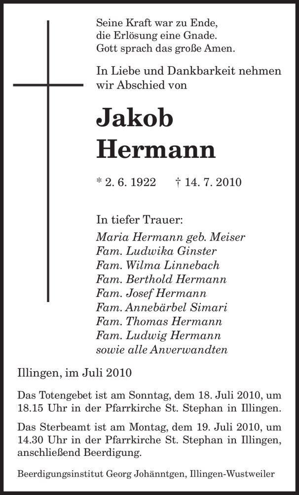 Traueranzeigen Von Jakob Hermann Saarbruecker Zeitung Trauer De