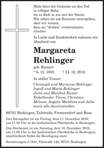 Traueranzeigen Von Margareta Rehlinger Saarbruecker Zeitung Trauer De