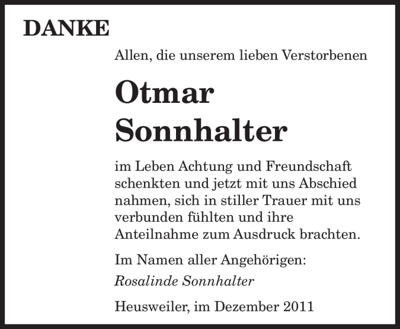 Traueranzeigen Von Otmar Sonnhalter Saarbruecker Zeitung Trauer De