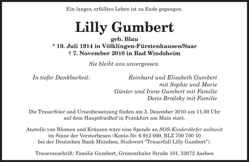 Traueranzeigen Von Lilly Gumbert Saarbruecker Zeitung Trauer De