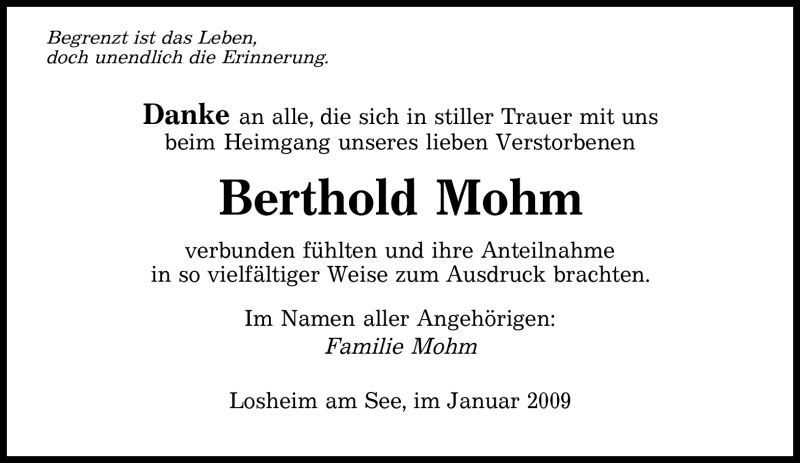 Traueranzeigen Von Berthold Mohm Saarbruecker Zeitung Trauer De