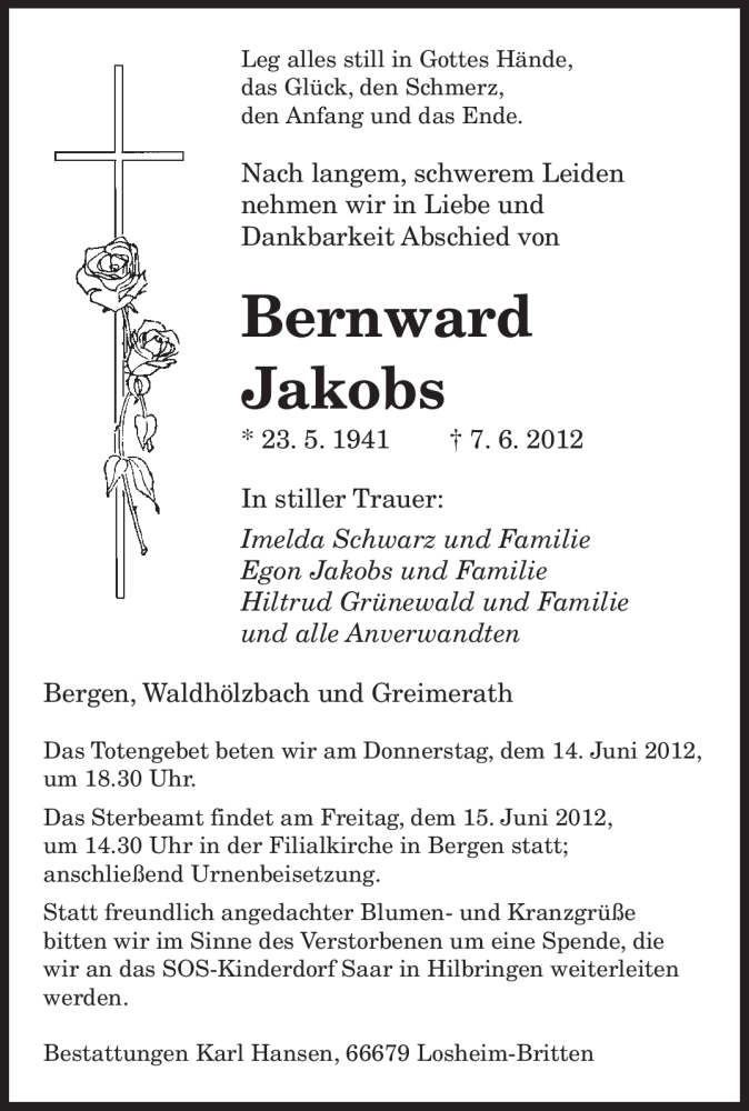 Traueranzeigen Von Bernward Jakobs Saarbruecker Zeitung Trauer De