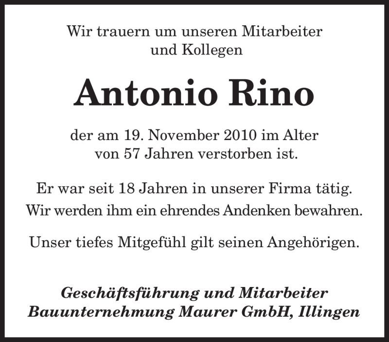 Traueranzeigen Von Antonio Rino Saarbruecker Zeitung Trauer De