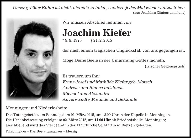  Traueranzeige für Joachim Kiefer vom 27.02.2015 aus saarbruecker_zeitung