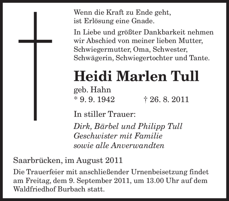 Traueranzeigen Von Heidi Marlen Tull Saarbruecker Zeitung Trauer De