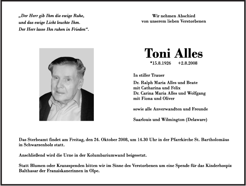 Traueranzeigen Von Toni Alles Saarbruecker Zeitung Trauer De