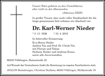 Traueranzeige von Karl-Werner Nieder von saarbruecker_zeitung