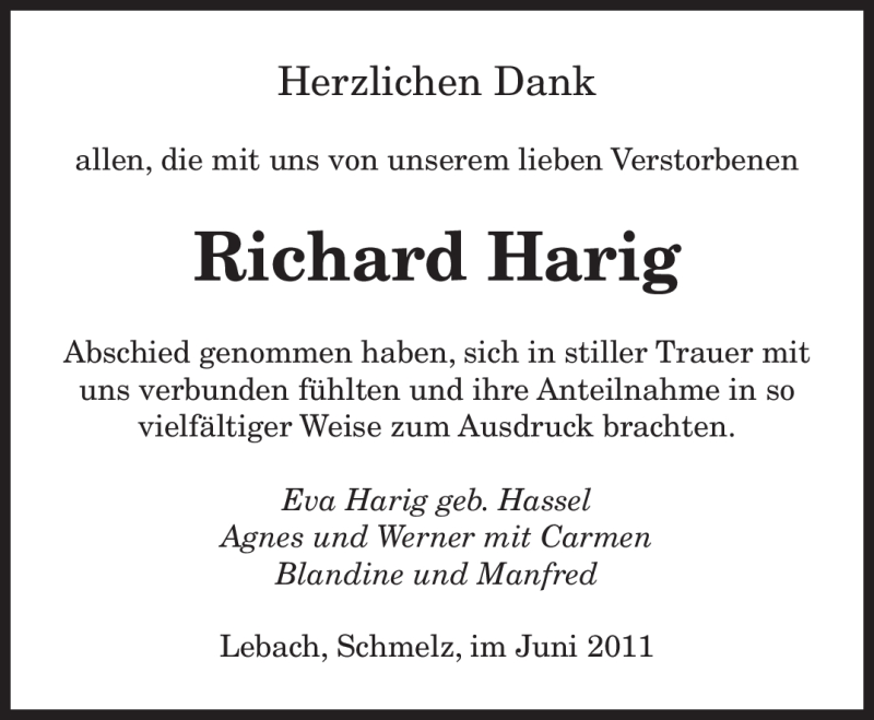 Traueranzeigen Von Richard Harig Saarbruecker Zeitung Trauer De