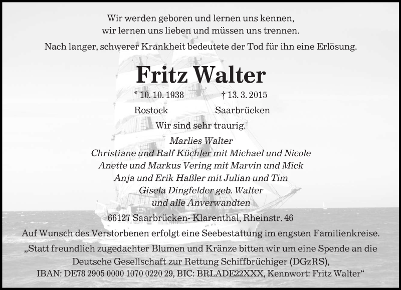  Traueranzeige für Fritz Walter vom 21.03.2015 aus saarbruecker_zeitung