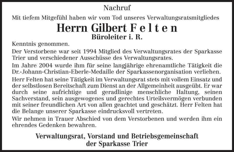  Traueranzeige für Gilbert Felten vom 30.09.2008 aus SAARBRÜCKER ZEITUNG