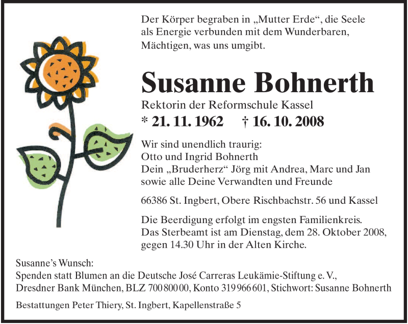  Traueranzeige für Susanne Bohnerth vom 25.10.2008 aus SAARBRÜCKER ZEITUNG