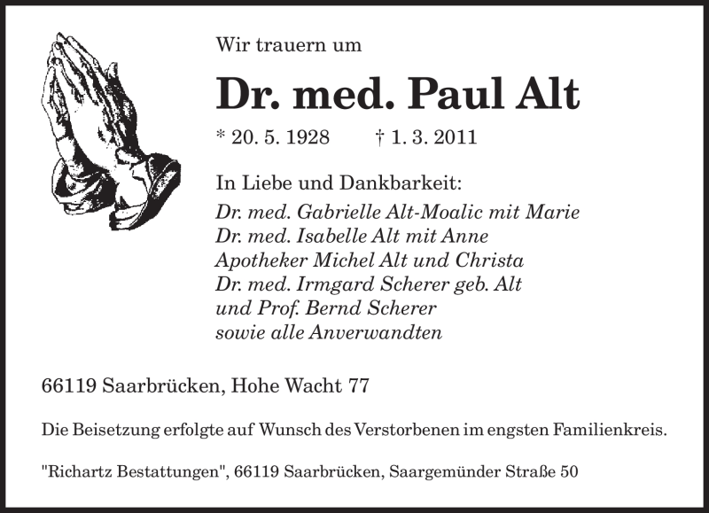 Traueranzeigen Von Paul Alt Saarbruecker Zeitung Trauer De