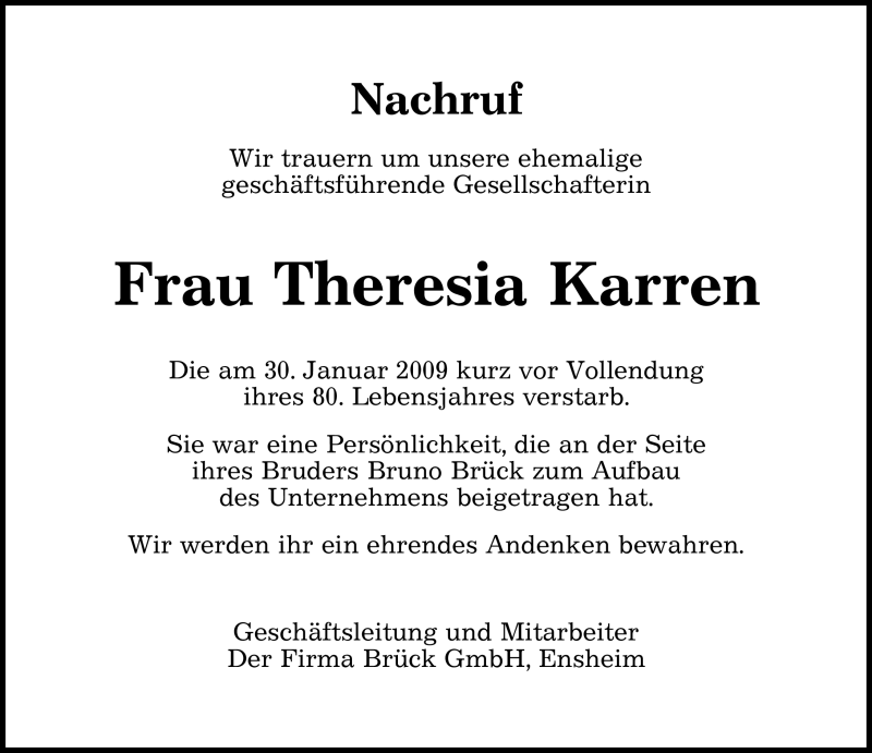 Traueranzeigen Von Theresia Karren Saarbruecker Zeitung Trauer De