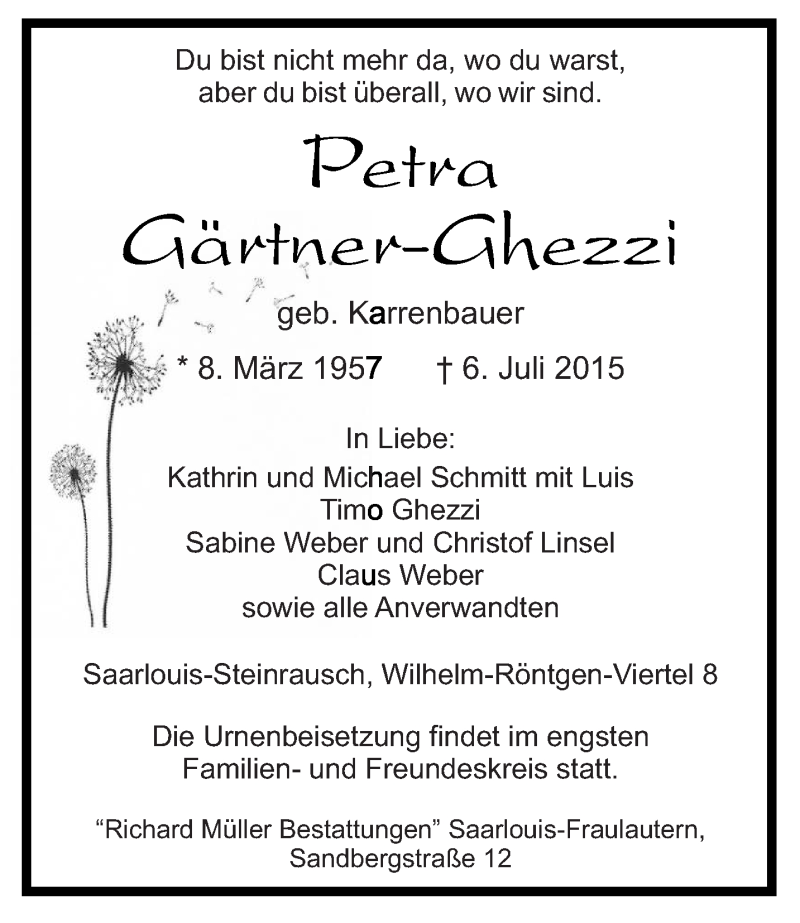 Traueranzeige für Petra Gärtner-Ghezzi vom 11.07.2015 aus saarbruecker_zeitung