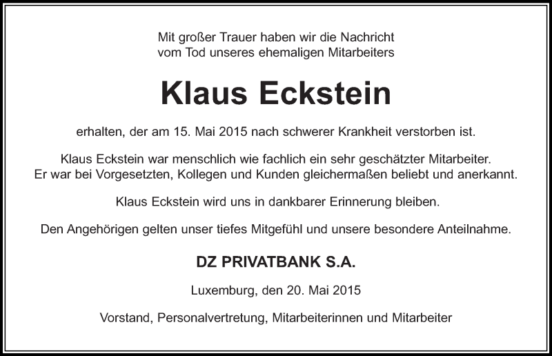  Traueranzeige für Klaus Eckstein vom 20.05.2015 aus saarbruecker_zeitung