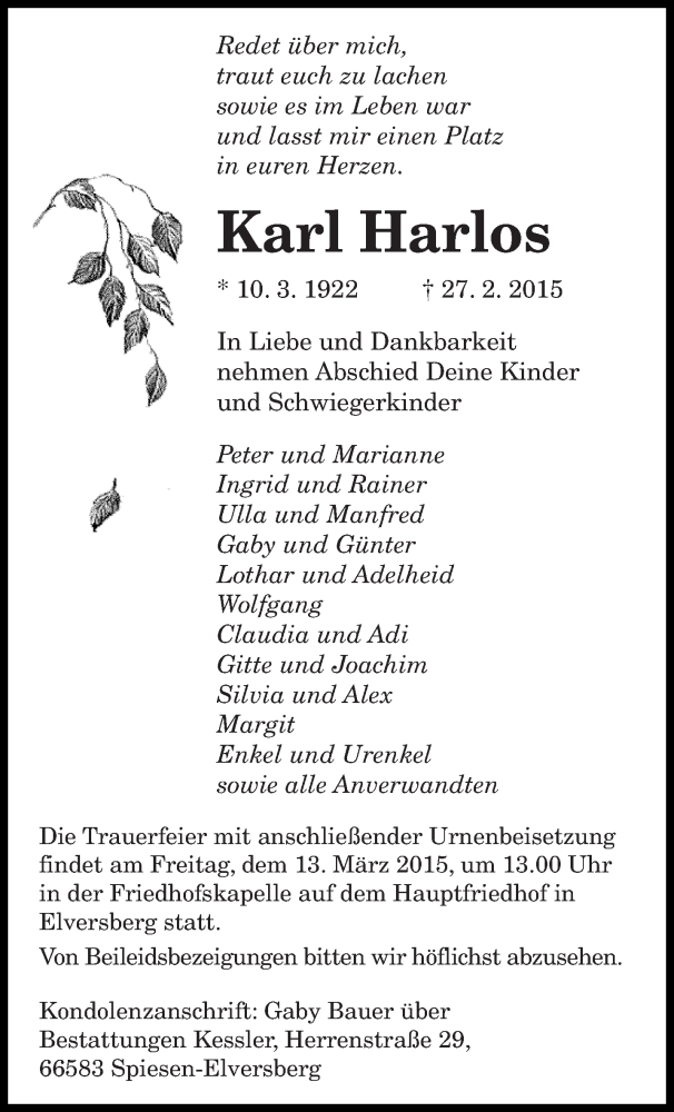  Traueranzeige für Karl Harlos vom 11.03.2015 aus saarbruecker_zeitung