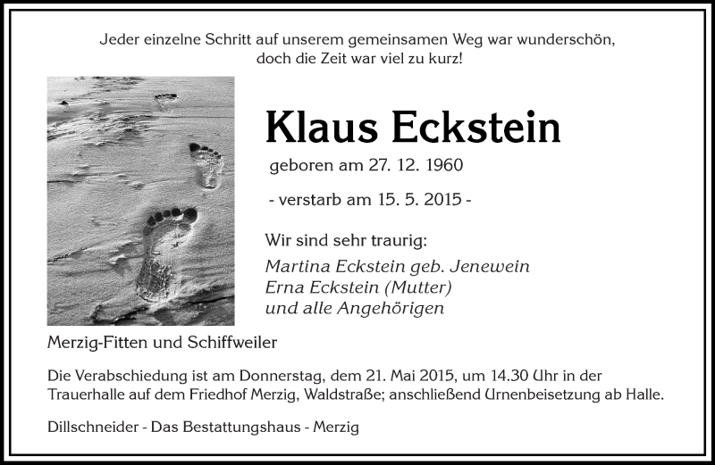  Traueranzeige für Klaus Eckstein vom 18.05.2015 aus saarbruecker_zeitung