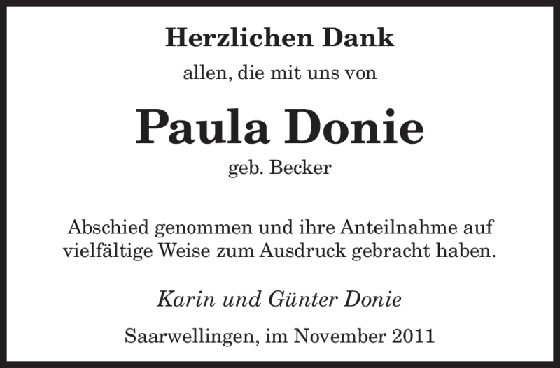 Traueranzeigen Von Paula Donie Saarbruecker Zeitung Trauer De