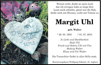 Traueranzeige von Margit Uhl von saarbruecker_zeitung