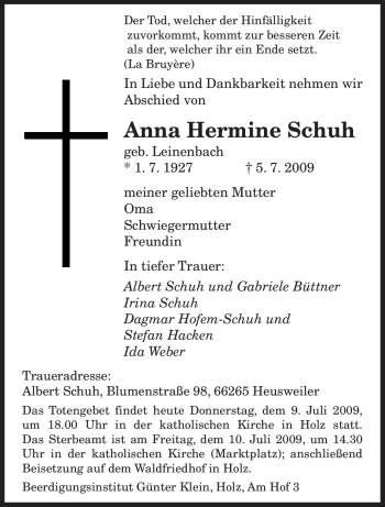 Traueranzeigen Von Anna Hermine Schuh Saarbruecker Zeitung Trauer De