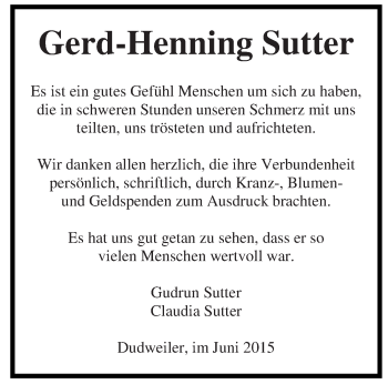 Traueranzeige von Gerd-Henning Sutter von saarbruecker_zeitung