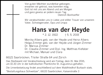 Traueranzeige von Hans van der Heyde von saarbruecker_zeitung