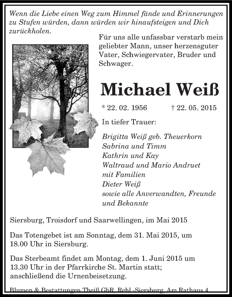  Traueranzeige für Michael Weiß vom 29.05.2015 aus saarbruecker_zeitung