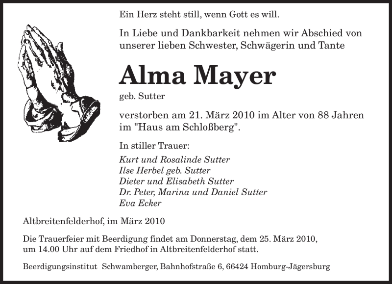 Traueranzeigen Von Alma Mayer Saarbruecker Zeitung Trauer De