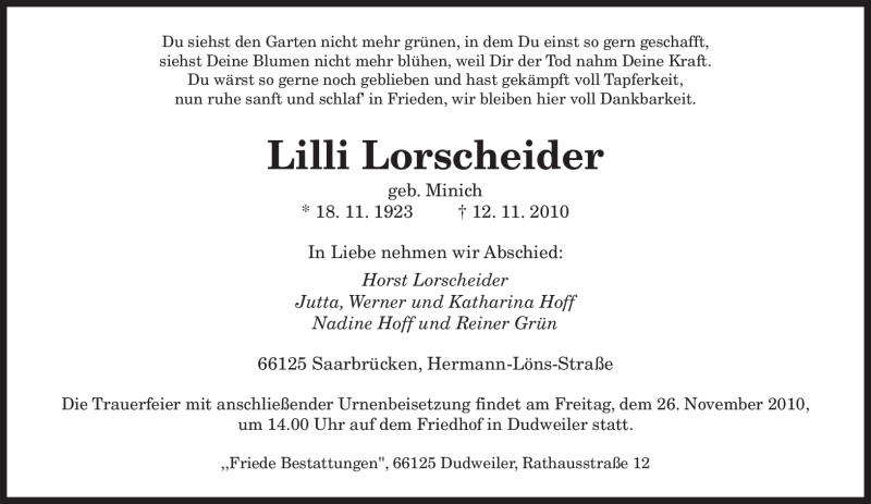 Traueranzeigen Von Lilli Lorscheider Saarbruecker Zeitung Trauer De