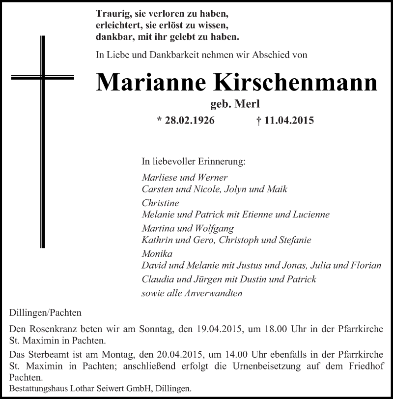 Traueranzeigen Von Marianne Kirschenmann Saarbruecker Zeitung Trauer De