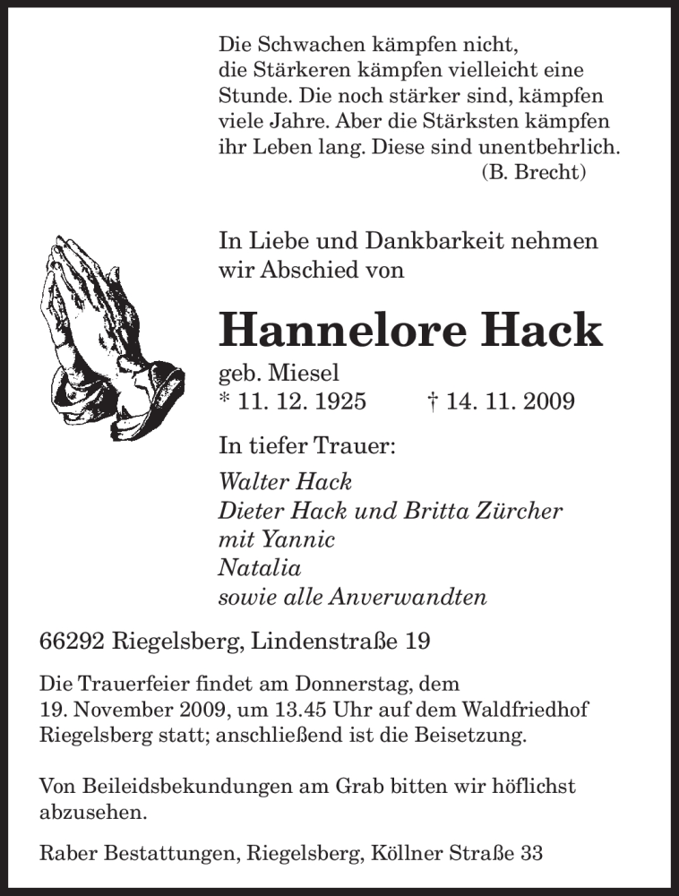 Traueranzeigen Von Hannelore Hack Saarbruecker Zeitung Trauer De