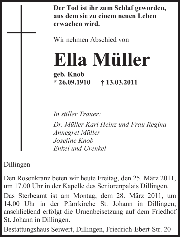 Traueranzeigen Von Ella M Ller Saarbruecker Zeitung Trauer De