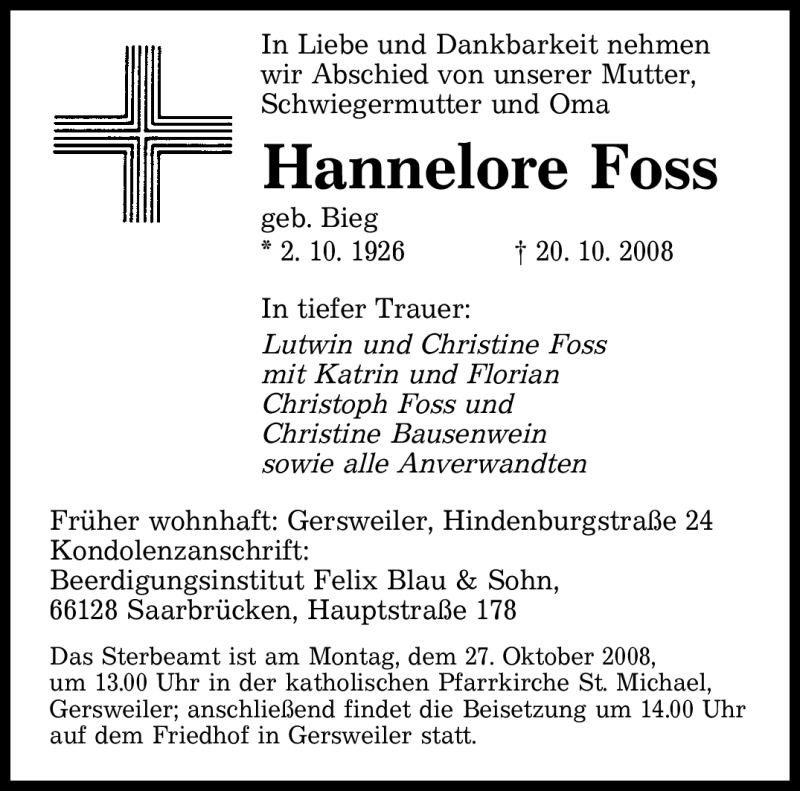 Traueranzeigen Von Hannelore Foss Saarbruecker Zeitung Trauer De