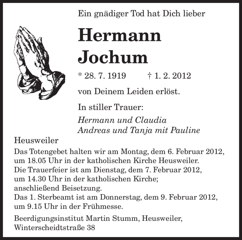 Traueranzeigen Von Hermann Jochum Saarbruecker Zeitung Trauer De