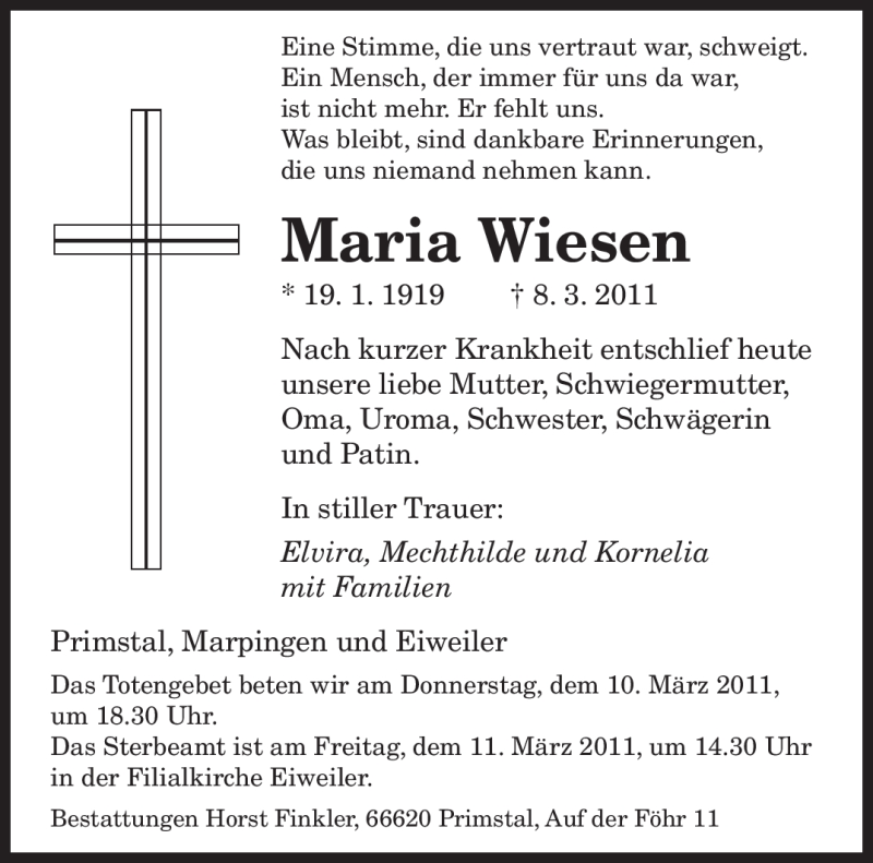 Traueranzeigen Von Maria Wiesen Saarbruecker Zeitung Trauer De