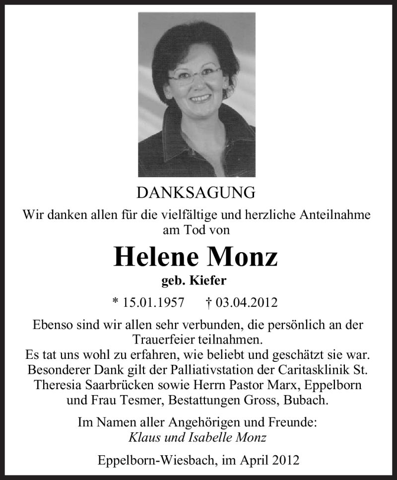 Traueranzeigen Von Helene Monz Saarbruecker Zeitung Trauer De