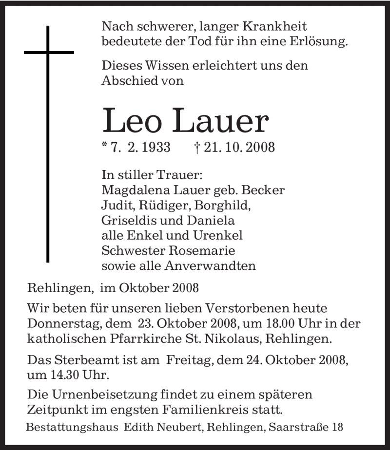 Traueranzeigen Von Leo Lauer Saarbruecker Zeitung Trauer De