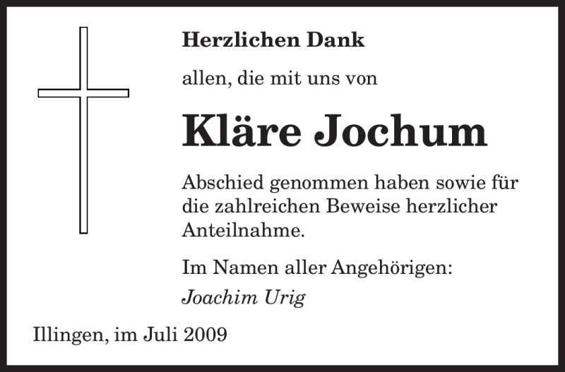 Traueranzeigen von Kläre Jochum Saarbruecker Zeitung Trauer de