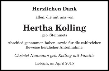 Traueranzeige von Hertha Kolling von saarbruecker_zeitung