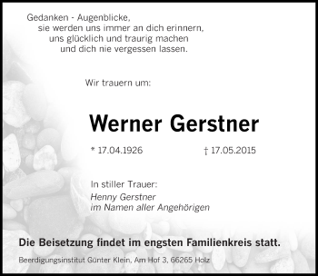 Traueranzeige von Werner Gerstner von saarbruecker_zeitung