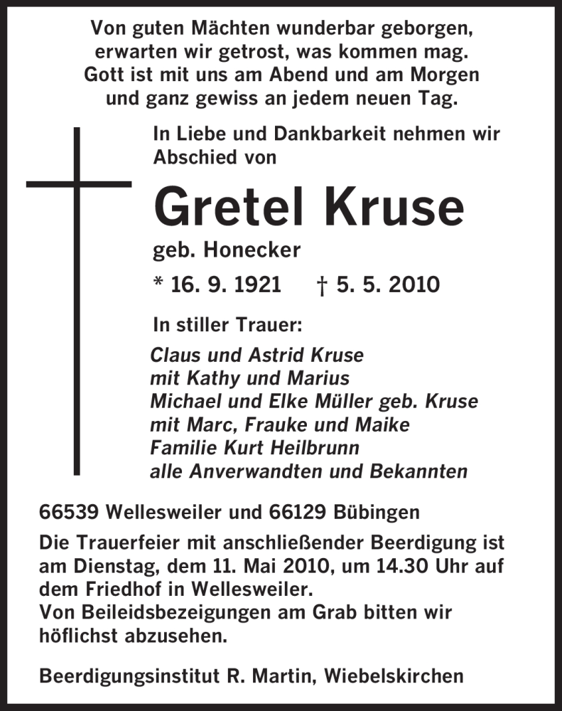 Traueranzeigen Von Gretel Kruse Saarbruecker Zeitung Trauer De