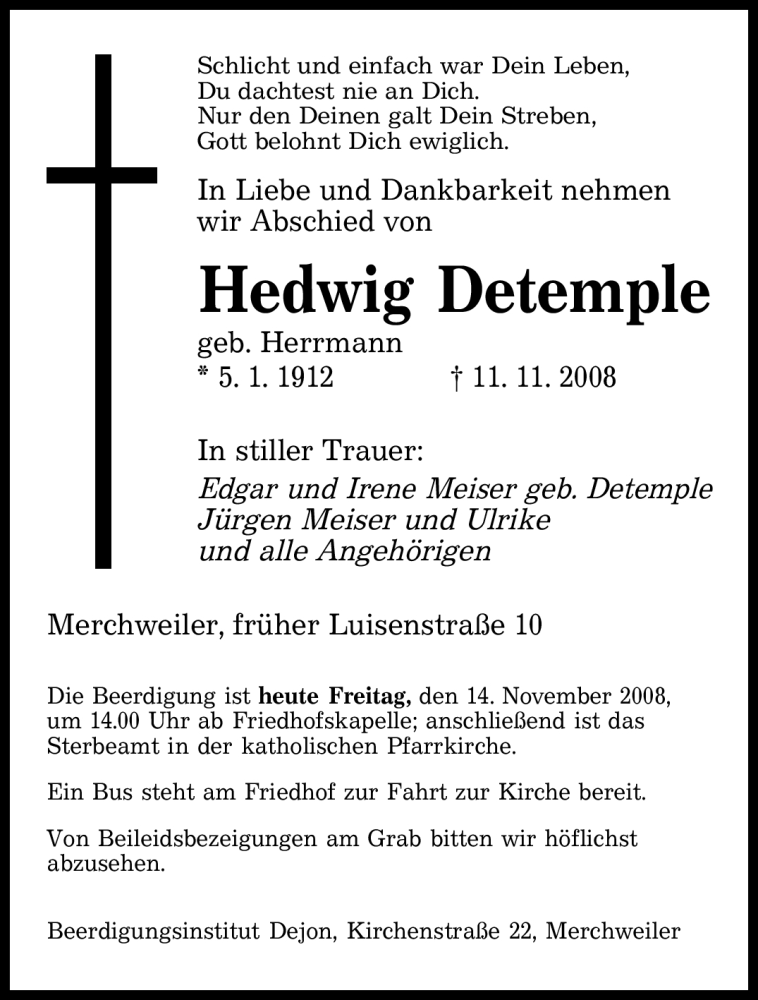 Traueranzeigen Von Hedwig Detemple Saarbruecker Zeitung Trauer De