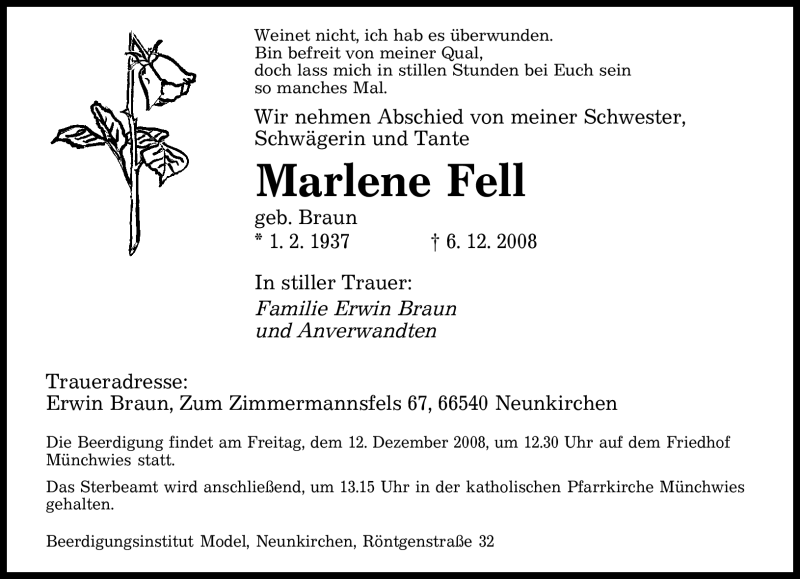 Traueranzeigen Von Marlene Fell Saarbruecker Zeitung Trauer De