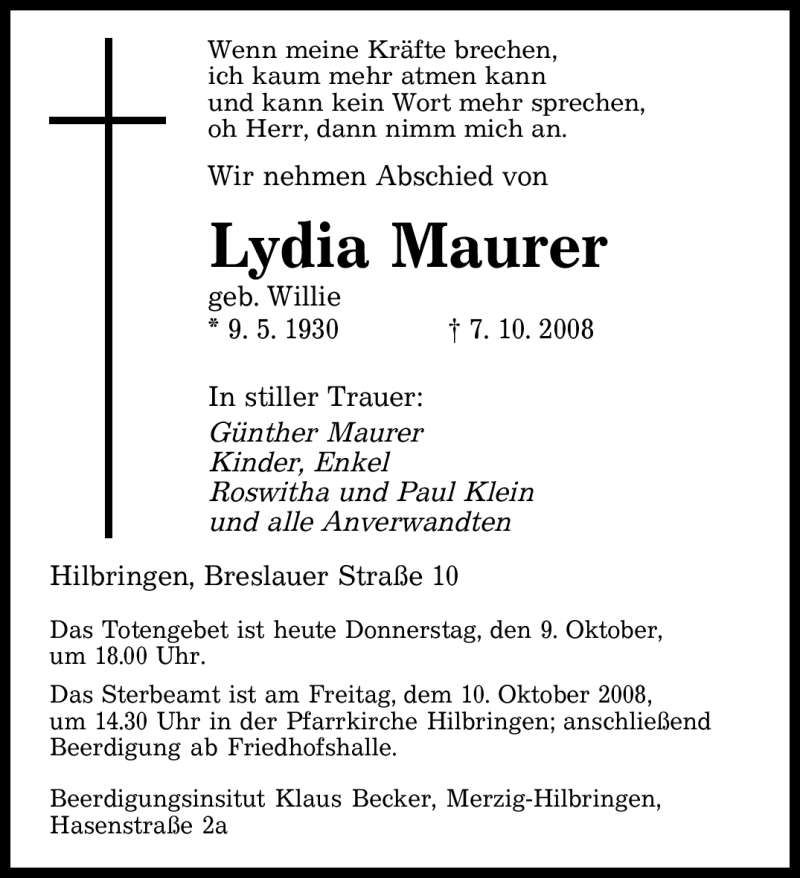 Traueranzeigen Von Lydia Maurer Saarbruecker Zeitung Trauer De