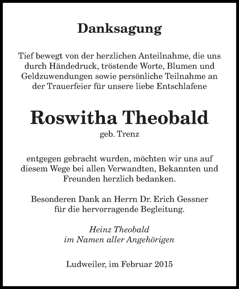 Traueranzeigen Von Roswitha Theobald Saarbruecker Zeitung Trauer De