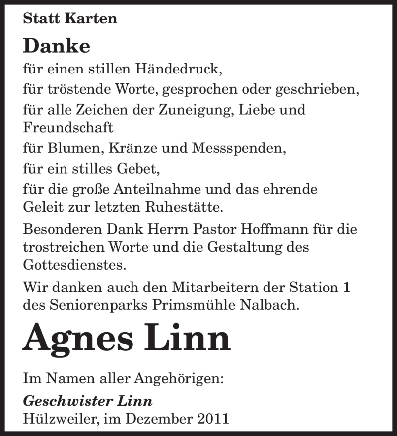 Traueranzeigen Von Agnes Linn Saarbruecker Zeitung Trauer De