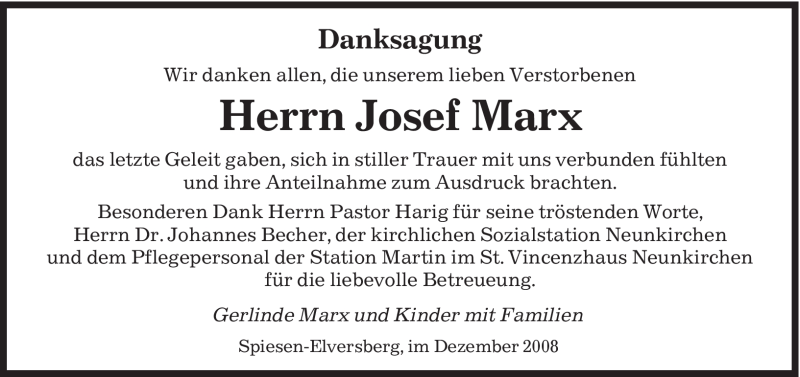 Traueranzeigen Von Josef Marx Saarbruecker Zeitung Trauer De